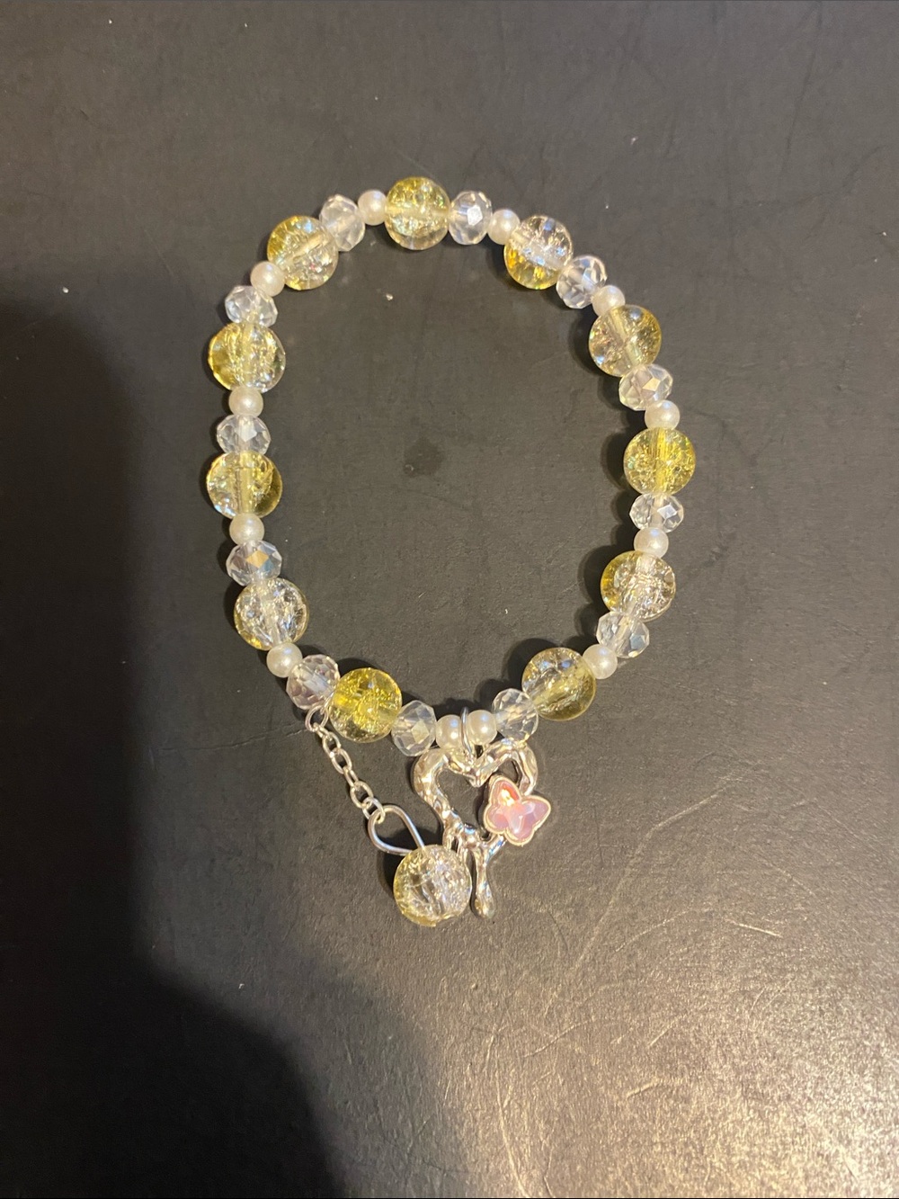 Yellow Crystal Bead Bracelet with Heart and  Butterfly Charm